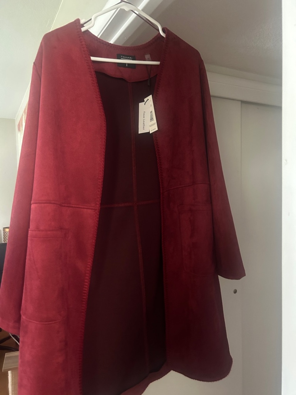 Tahari Open-Front Red Suede-Look Cape Coat